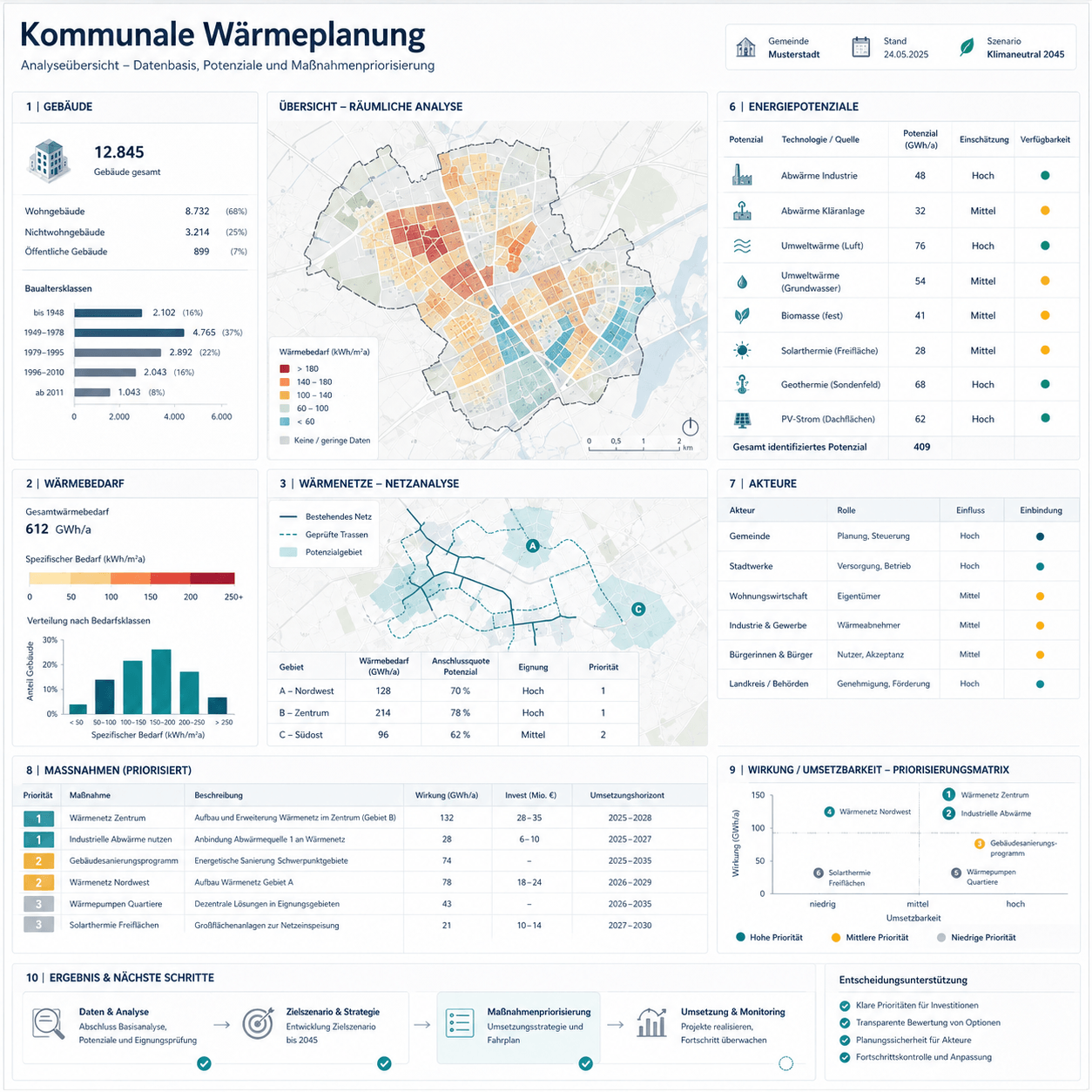 Analyse-Dashboard zur kommunalen Wärmeplanung mit räumlicher Wärmeanalyse, Energiepotenzialen, Wärmenetzanalyse, Akteursbewertung und Maßnahmenpriorisierung