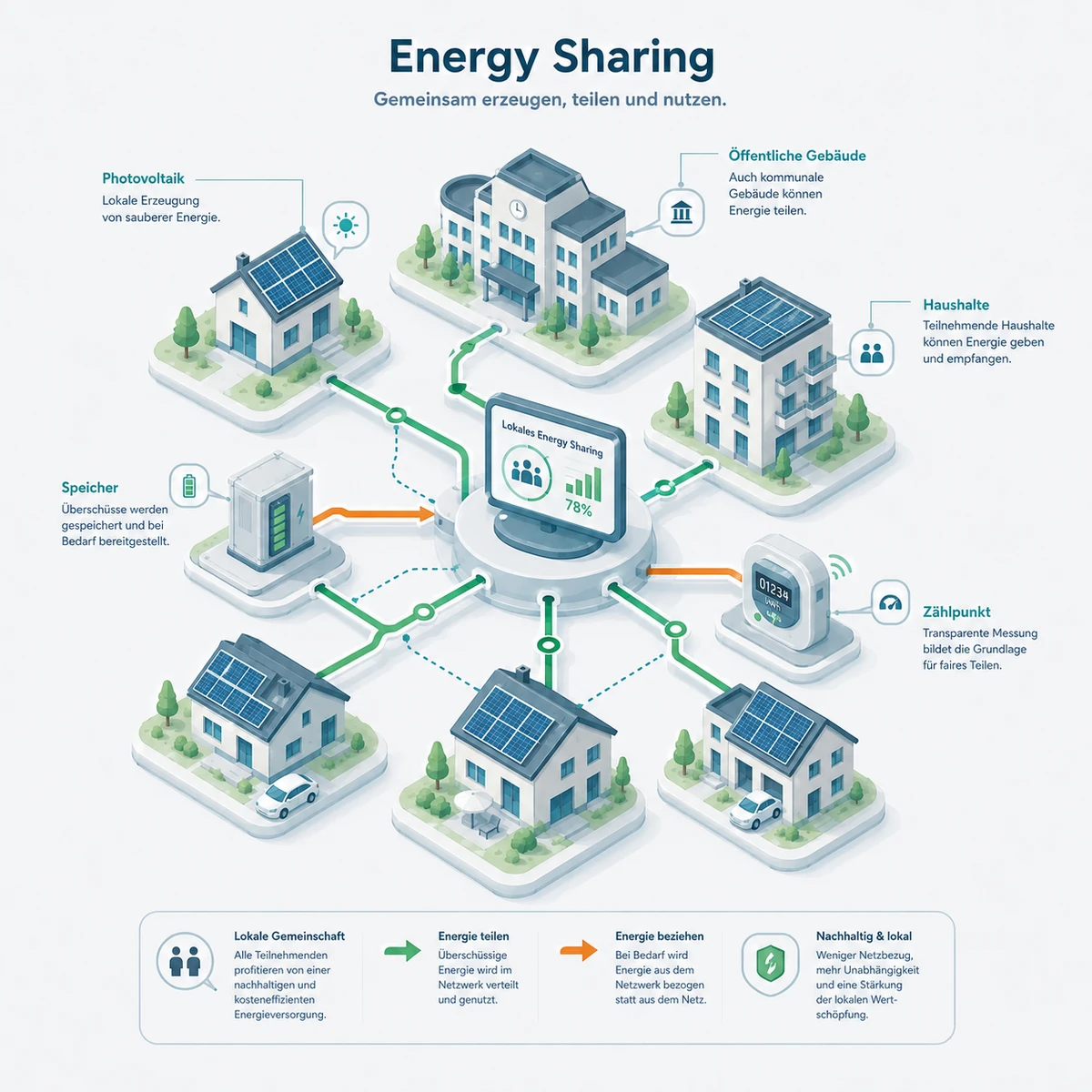 Energy Sharing Netzwerk mit Photovoltaik, Speicher, Zählpunkt, öffentlichen Gebäuden und Haushalten