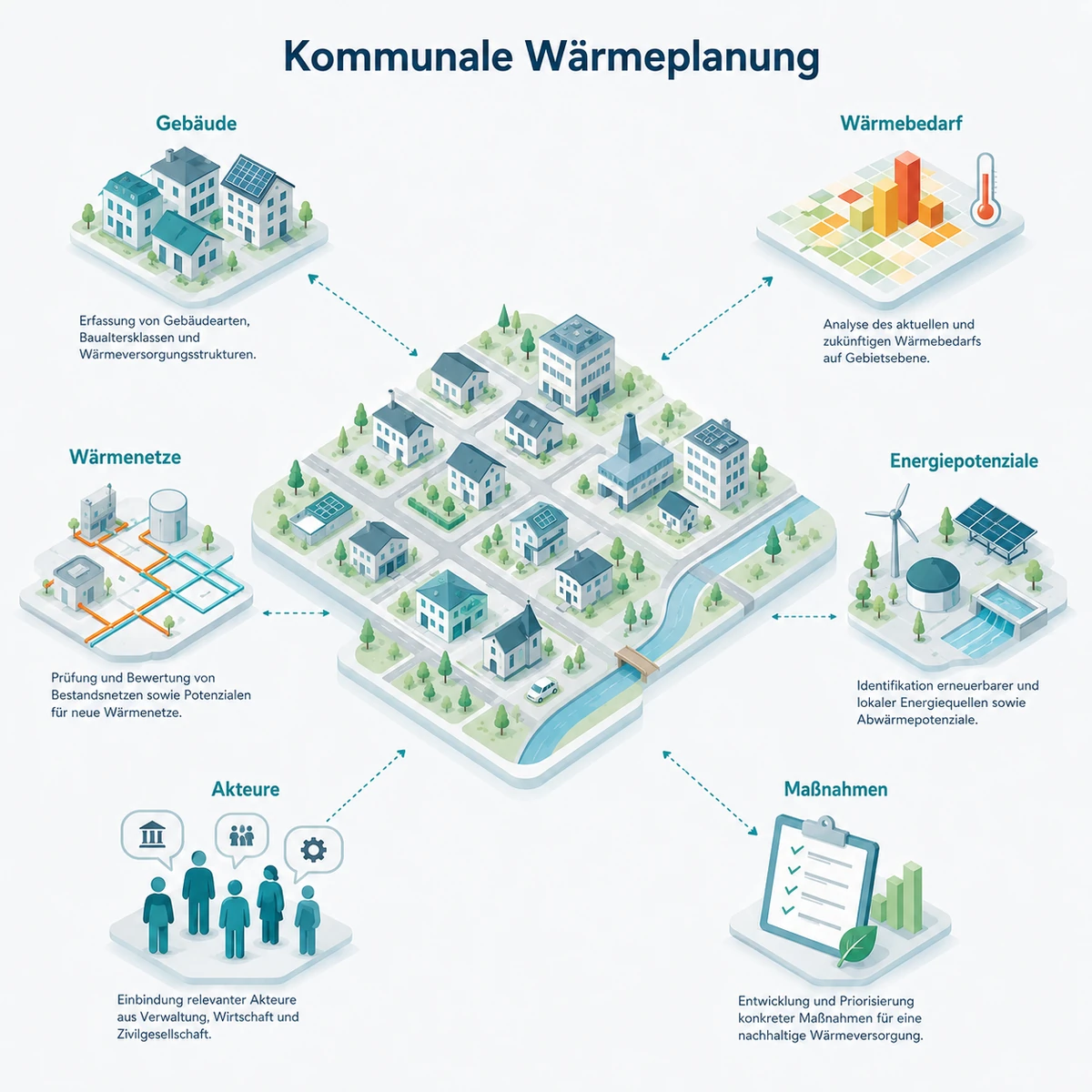 Kommunale Wärmeplanung mit Gebäuden, Wärmebedarf, Wärmenetzen, Energiepotenzialen, Akteuren und Maßnahmen