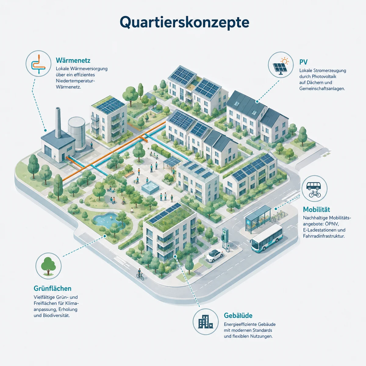Quartierskonzept mit Wärmenetz, Photovoltaik, Mobilität, Grünflächen und Gebäuden